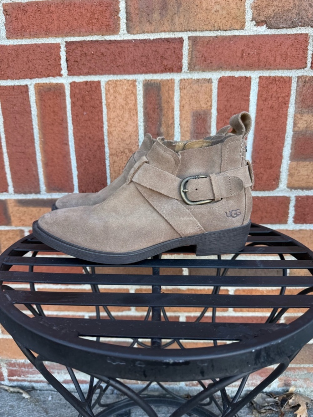 UGG Suede Ankle Boots Size 8 Brown Buckle Strap Zip Booties Western Boho
